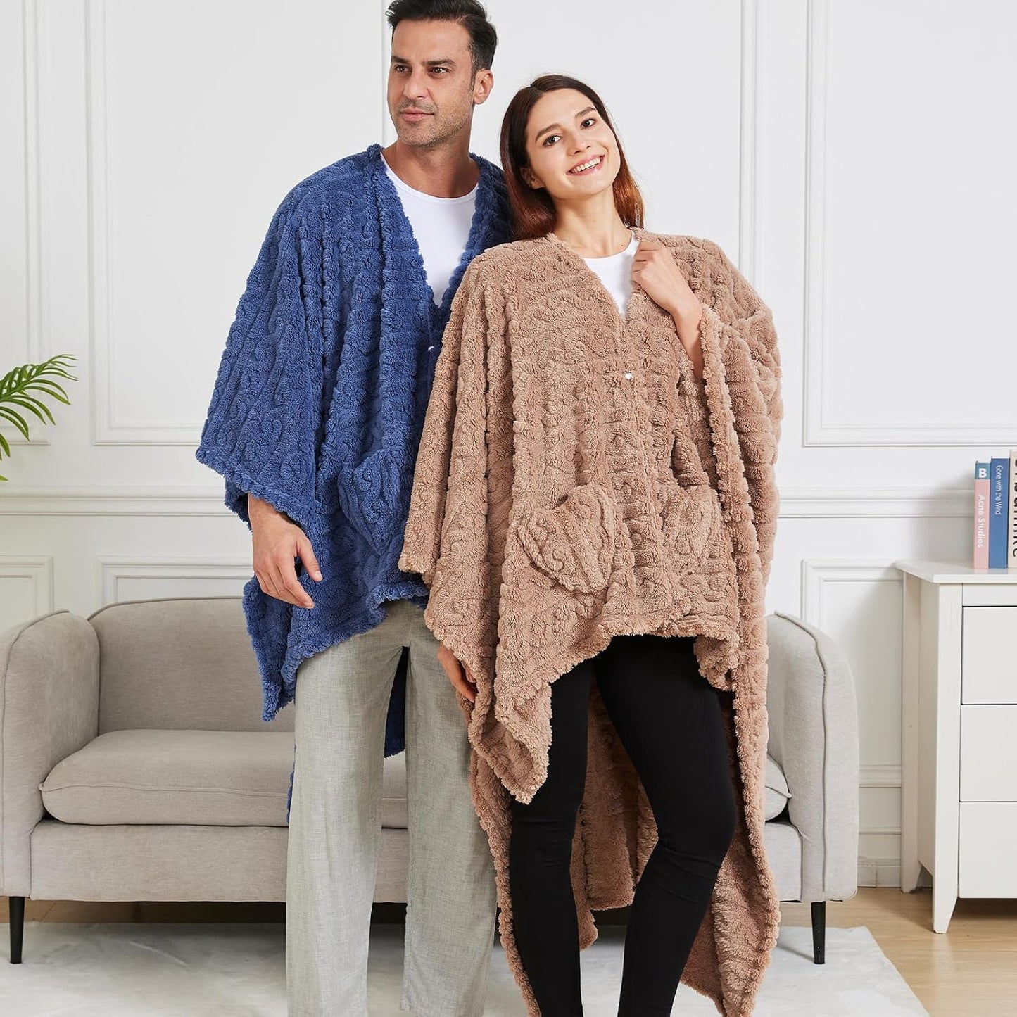 Wearable Blanket Poncho Cape Wrap for Adult, Cozy Sherpa Fleece Pocketed Shawl TV Throw Blankets for Office and Lounge(Purple,58'' x 64'')
