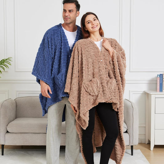 Wearable Blanket Poncho Cape Wrap for Adult, Cozy Sherpa Fleece Pocketed Shawl TV Throw Blankets for Office and Lounge(Purple,58'' x 64'')