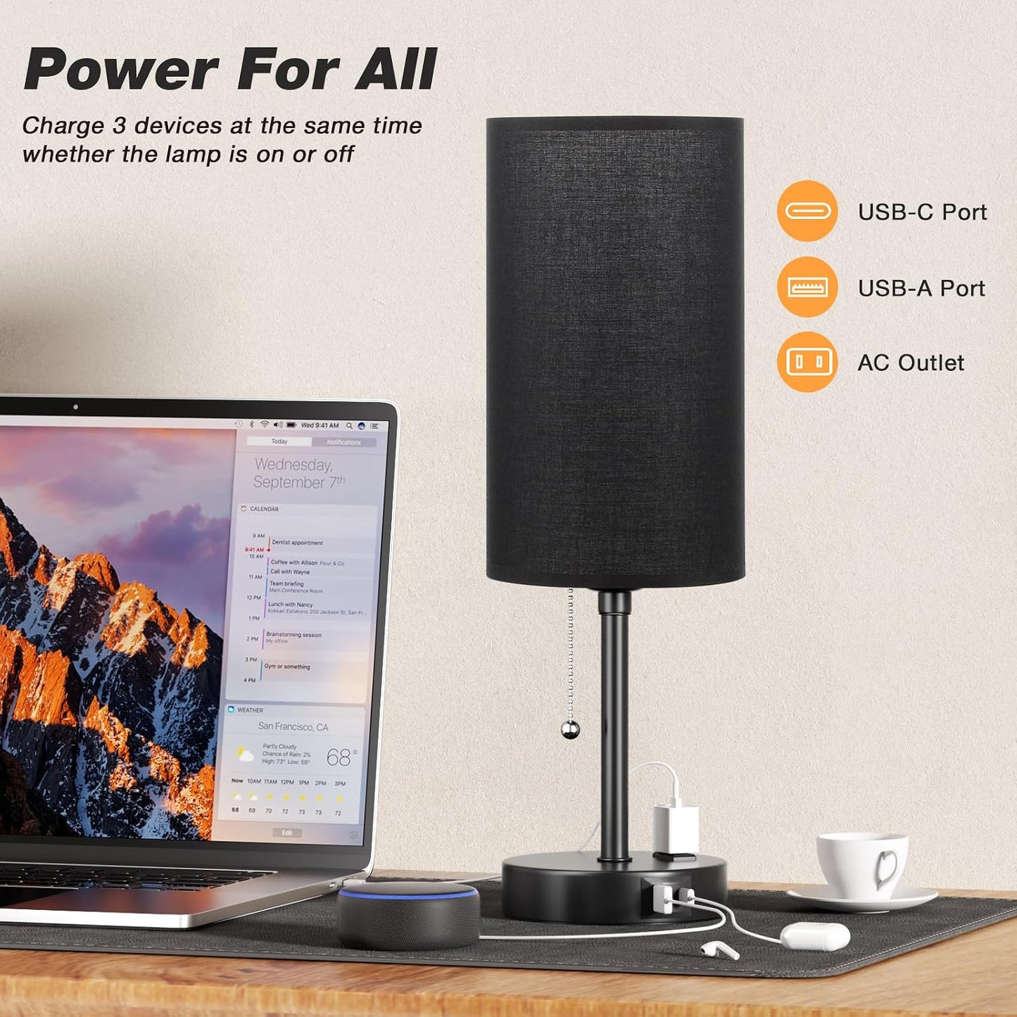 Small Bedside Table lamp for Bedroom - 3 Color Temperatures Bedside Lamps with USB C and A Ports, Pull Chain Table Lamps with AC Outlet, White Nightstand Lamps with Black Metal Base for Kids Reading