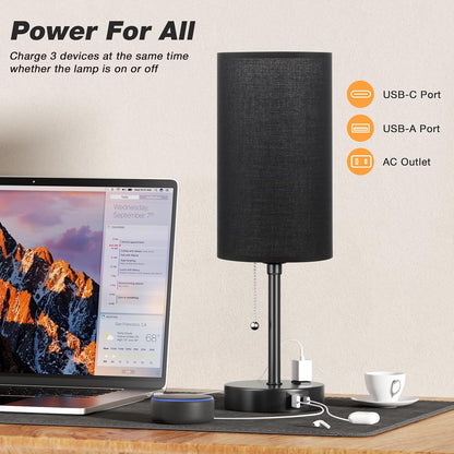 Small Bedside Table lamp for Bedroom - 3 Color Temperatures Bedside Lamps with USB C and A Ports, Pull Chain Table Lamps with AC Outlet, White Nightstand Lamps with Black Metal Base for Kids Reading