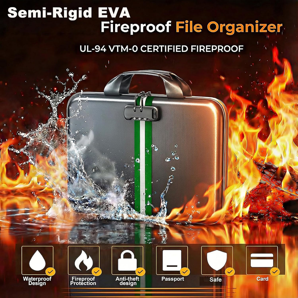 Fireproof Document Organizer with Lock, Semi-Rigid EVA Shell File Box with 13-Pocket Accordion Folder, Water-Resistant Storage for Important Documents, Passports & Certificates