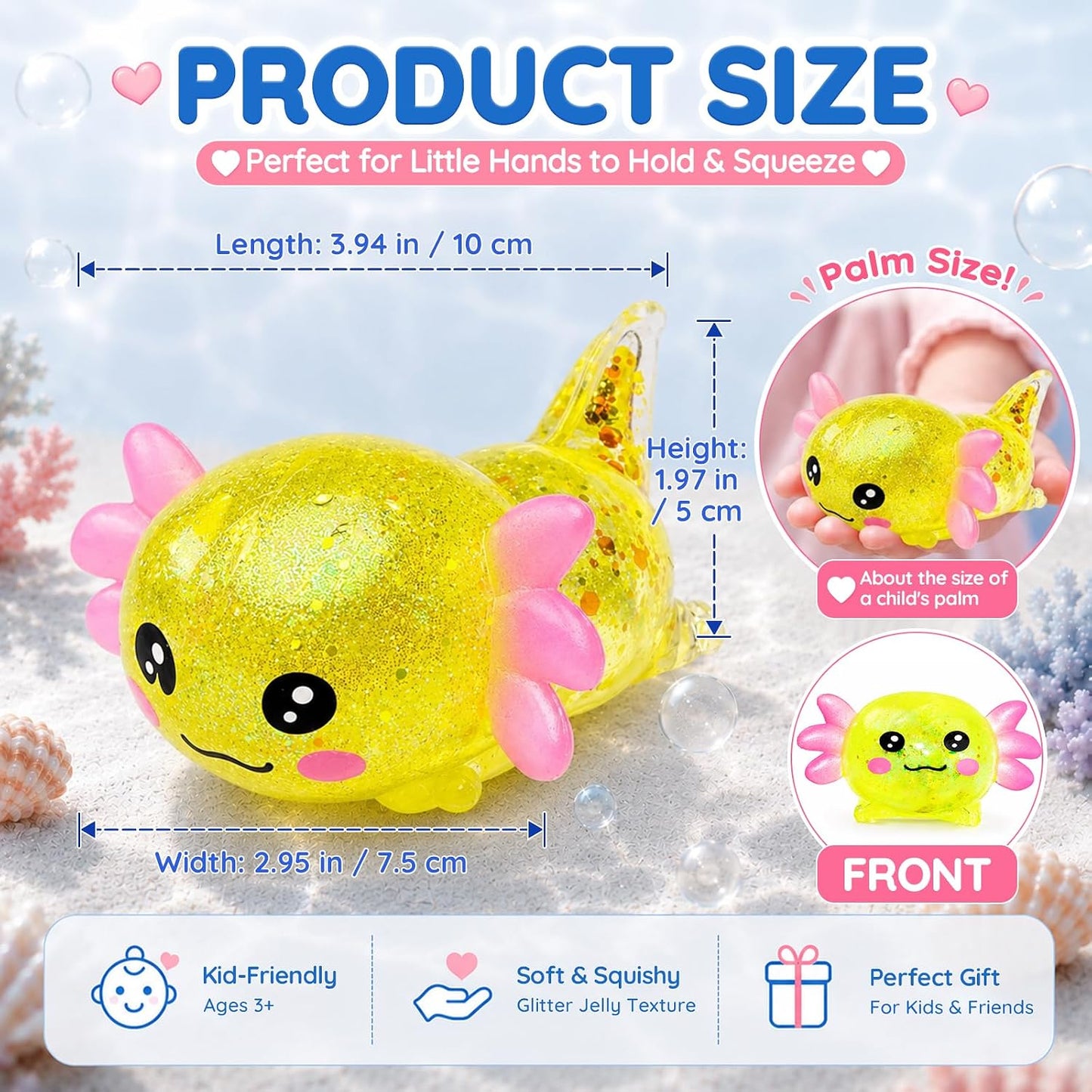 Axolotl Squishy Toy, Cute Glitter Stress Relief Fidget Toy, Soft Squeeze Sensory Toy for Kids Adults, Axolotl Squishy Stress Ball Anxiety Calming Desk Toy Party Favor Handheld Fidget (Yellow)
