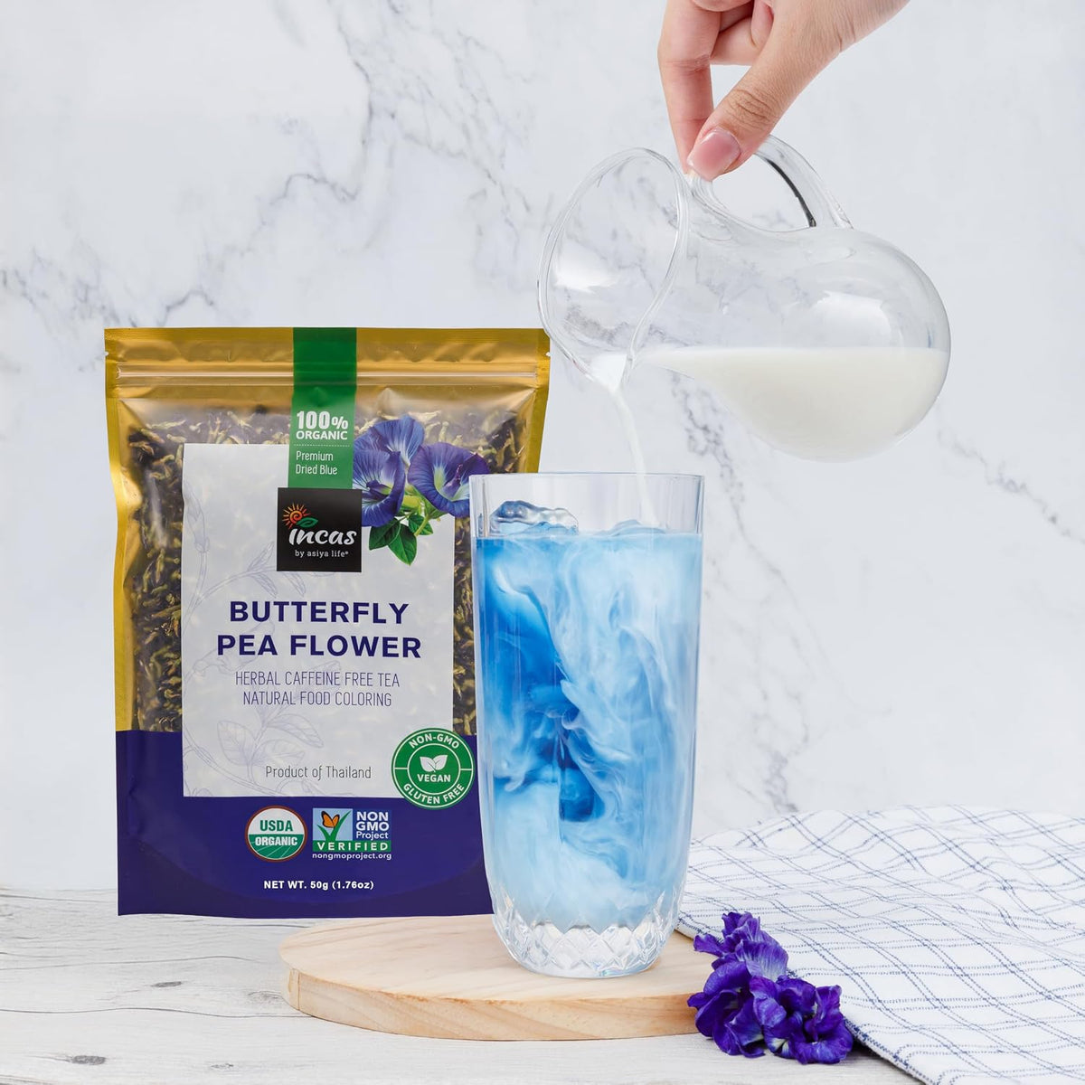 INCAS 100% USDA Organic Butterfly Pea Flower 1.76 oz (150+ Cups) DIRECT FROM SOURCE Thailand Non GMO Verified Dried Caffeine Free Gluten Free Vegan Rich in Antioxidants Free eBook (50G)