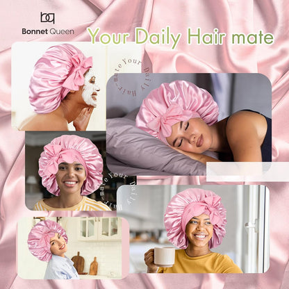 BONNET QUEEN Silk Bonnet for Sleeping for Women Satin Bonnet Night Cap for Curly Hair with Tie Band, Single Layer, Cream Pink