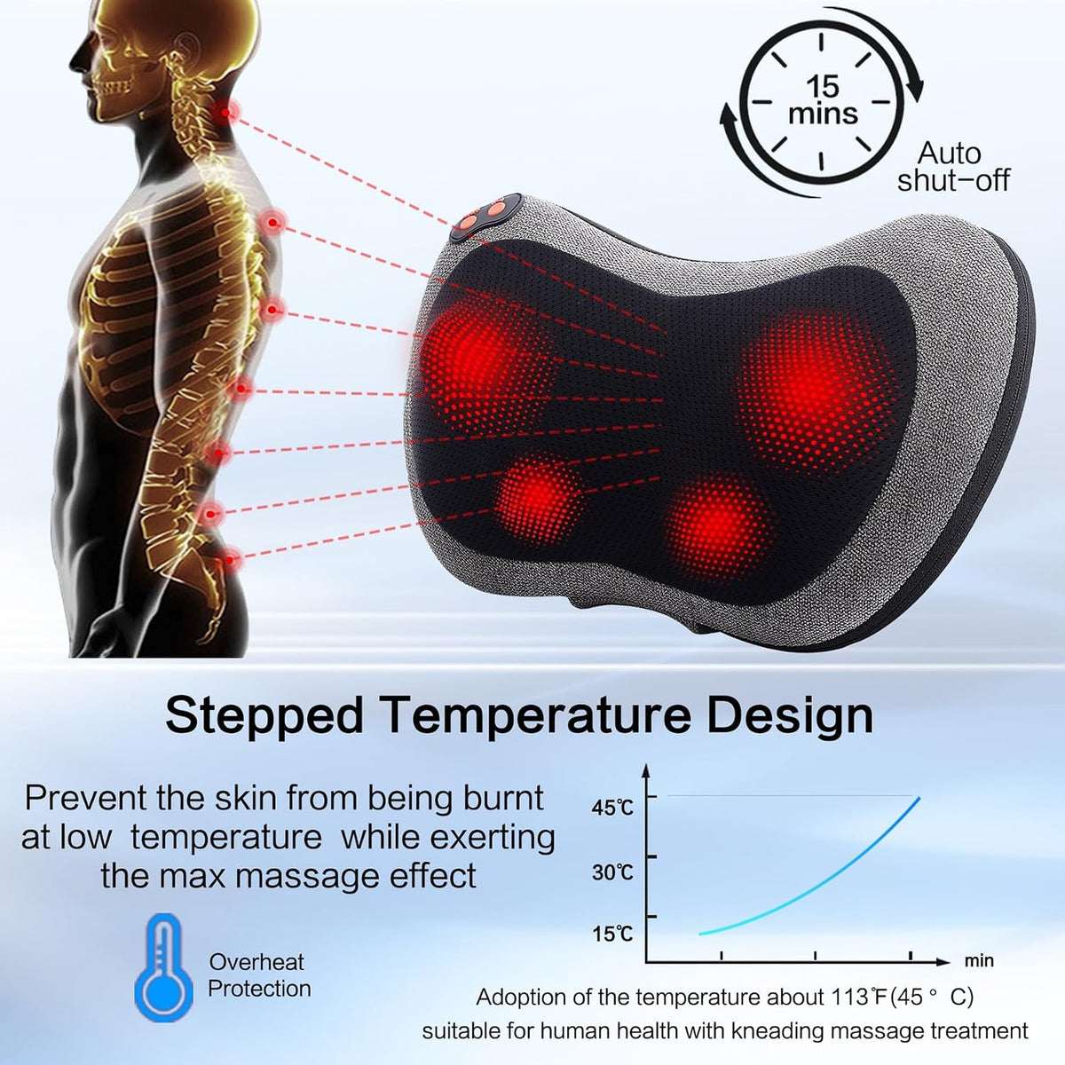 Papillon Back Massager with Heat,Shiatsu Pillow for Body Pain Relief Gray