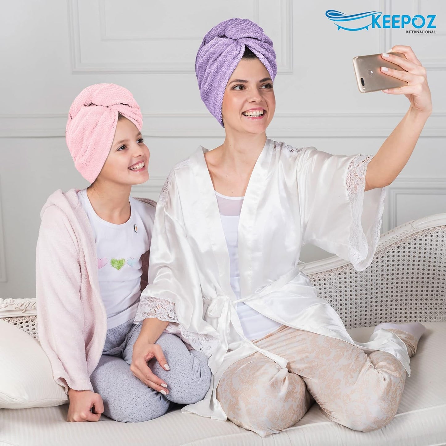 KEEPOZ 100% Cotton Hair Towel Wrap Quick Dry Super Absorbent Turban Head Wrap for Women with Button, Anti Frizz, Hair Cap for Curly, Long & Thick Hair (White, 1 Pc)