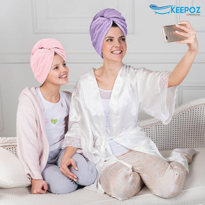 KEEPOZ 100% Cotton Hair Towel Wrap Quick Dry Super Absorbent Turban Head Wrap for Women with Button, Anti Frizz, Hair Cap for Curly, Long & Thick Hair (White, 1 Pc)