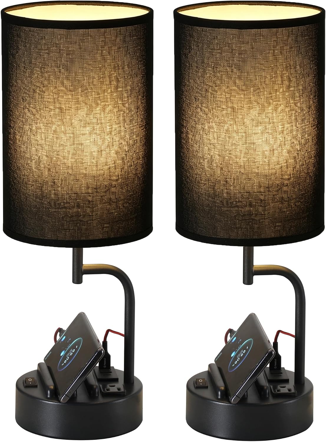 Dreamholder Table Lamp with 3 USB Charging Ports, Modern Desk Lamp with AC Outlet and Phone Stands, Perfect Bedside Lamp for Bedroom, Living Room, Office (Pack of 2), Cream