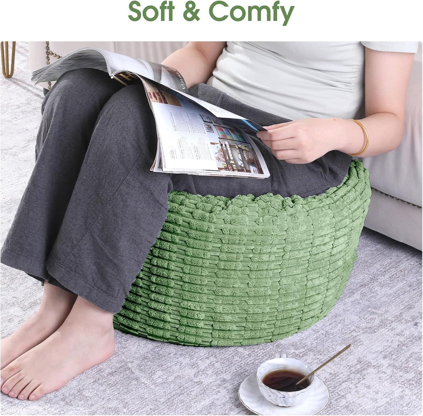 HOMBYS Unstuffed Ottoman Pouf Cover,Round Faux Fur Foot Stool, Fuzzy Chair, Floor Bean Bag(No Filler),Foot Rest with Storage for Living Room, Bedroom, Office, Striped Tufted (Beige)