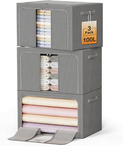 Clothes Storage Bins with Metal Frame Foldable Storage Box Clothes Organizers Storage Containers for Clothes Sheets Blankets Books Toys Gifts and Holiday Decorations (66Lx3 Pack)