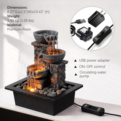 Kalona Tabletop Water Fountain with Buddha, LED Light Indoor Waterfall