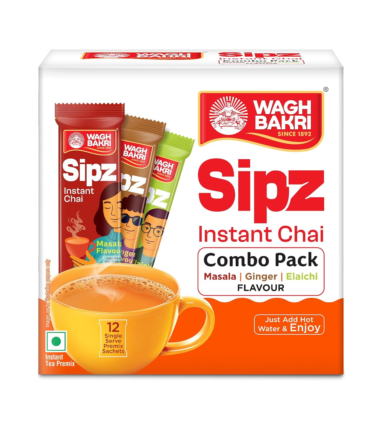 Wagh Bakri Instant Tea Premix, Masala, Cardamom & Ginger - 4 Sachets Each, Total 12 Sachet [International Pack]