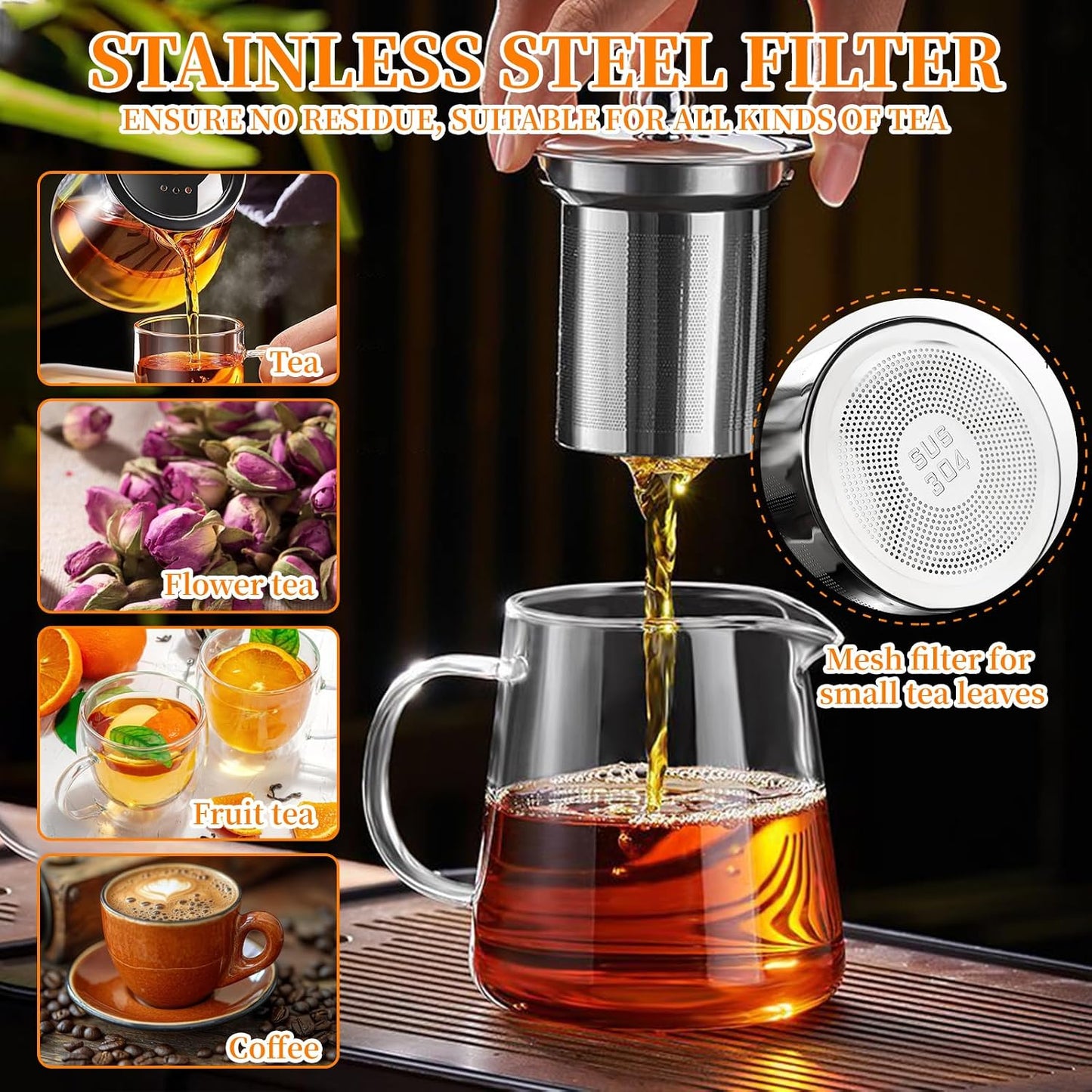 Glass Teapot with Stainless Steel Infuser, Borosilicate Tea Kettle, Clear Tea Maker for Loose Leaf Tea (550ML)