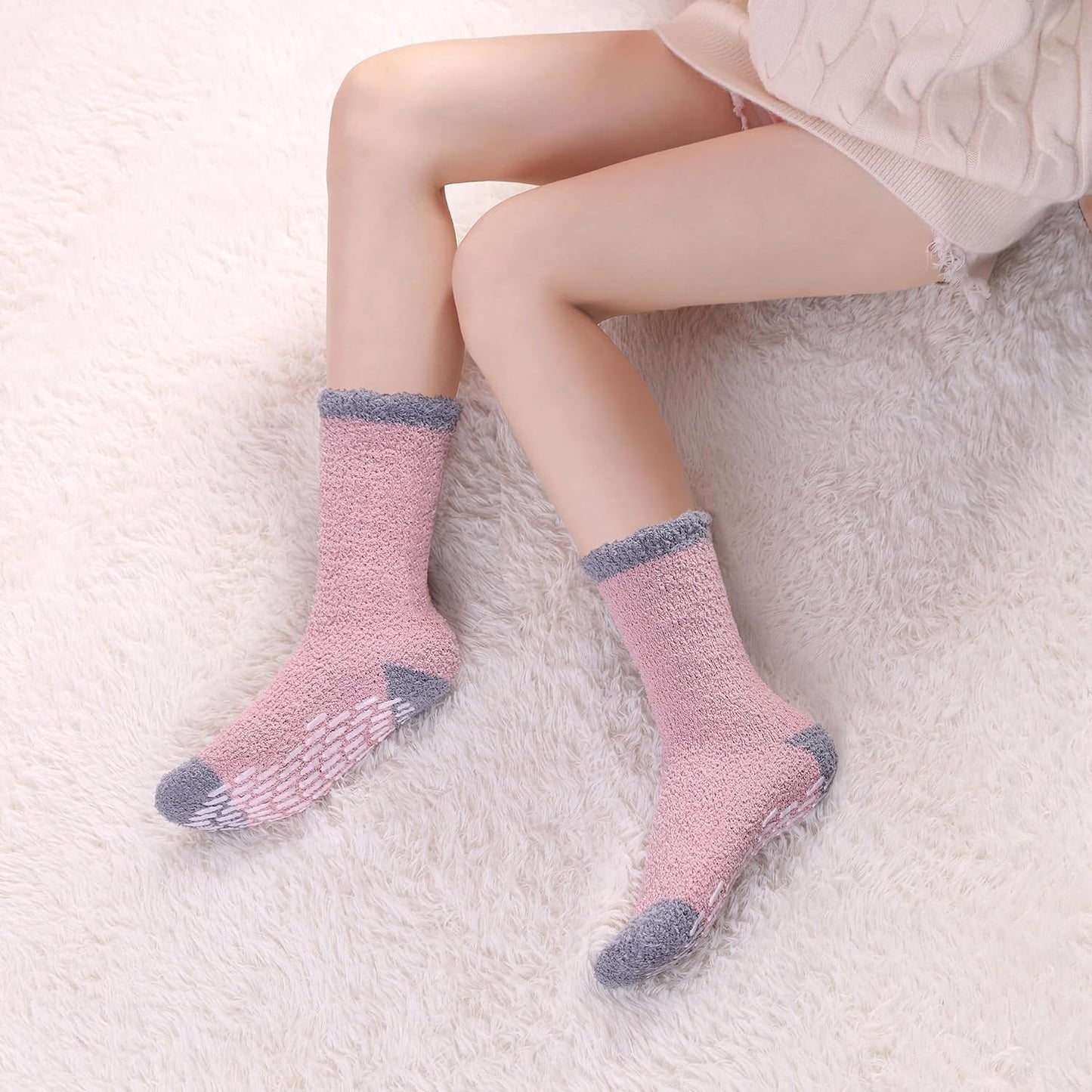 LINEMIN Non-Slip Fuzzy Socks for Women - Cozy Hospital Soft Fluffy Socks With Grips - Winter Warm Slipper