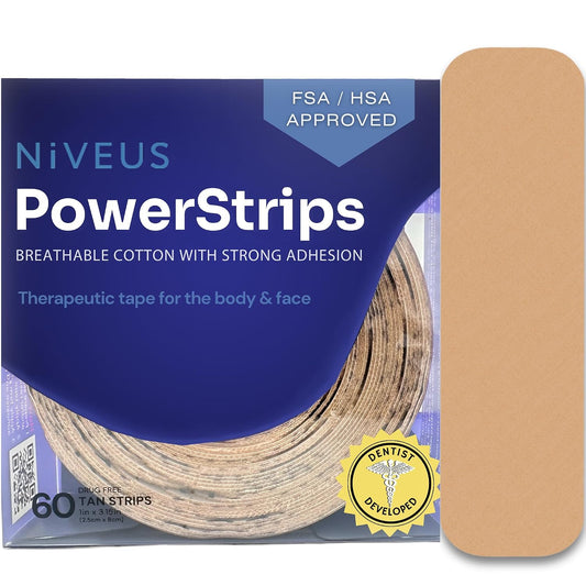 Niveus PowerStrips - Dentist Developed Latex-Free Therapeutic Tape with Strong Adhesion and Breathable Cotton – Gentle Skin Tape for Comfort & Support - for Men and Women (Tan, 60 Strips)