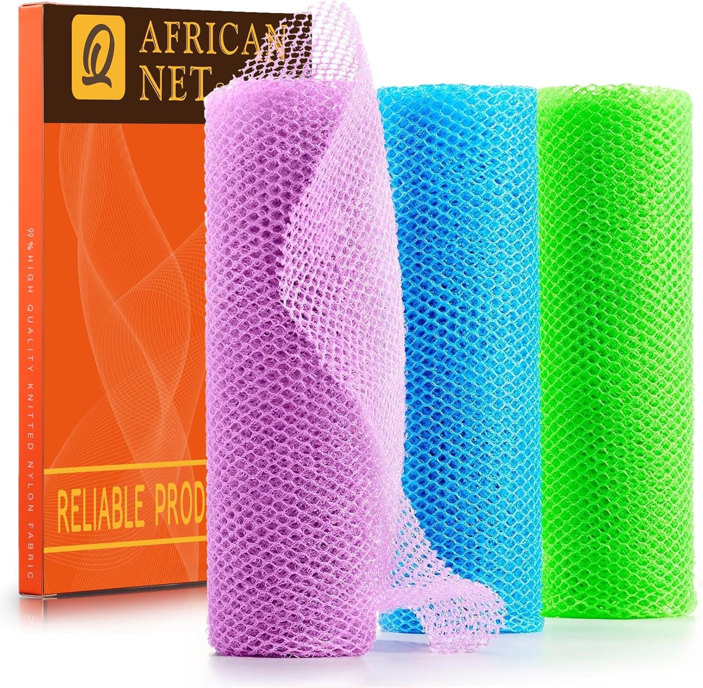 UJFQBH 3 Pieces African Bath Sponge African Net Long Net Bath Sponge Exfoliating Shower Body Scrubber Back Scrubber Skin Smoother,Great for Daily Use (Pink,Yellow,Purple)