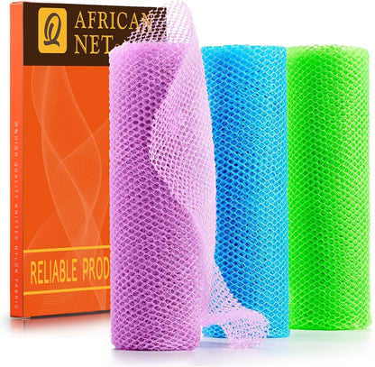 UJFQBH 3 Pieces African Bath Sponge African Net Long Net Bath Sponge Exfoliating Shower Body Scrubber Back Scrubber Skin Smoother,Great for Daily Use (Pink,Yellow,Purple)