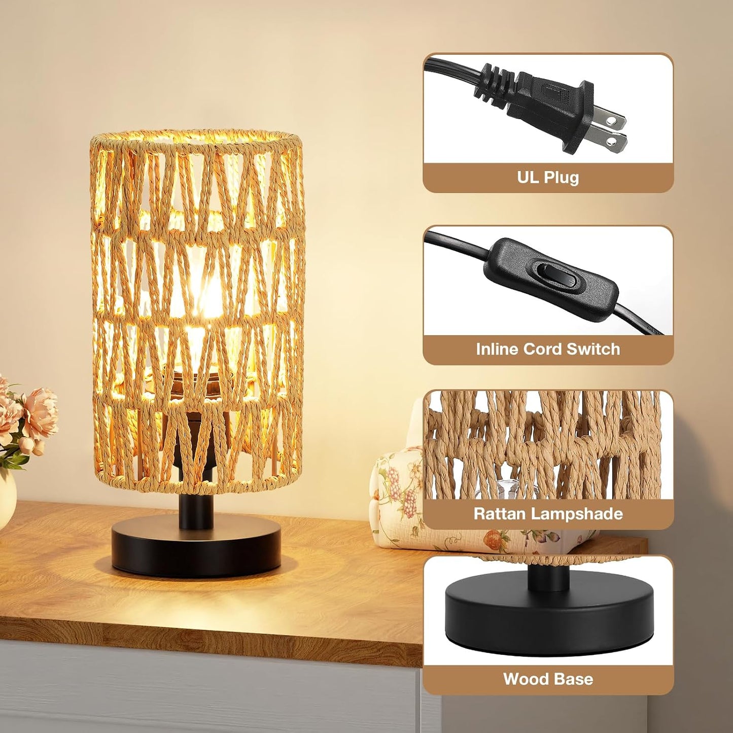 Fenmzee Small Table Lamp for Bedroom - Inline Control, Bedside Lamp with 3000K A15 LED Blub, Easy Assembly (Cream Shade - Wood Base, 9" Inline Control)