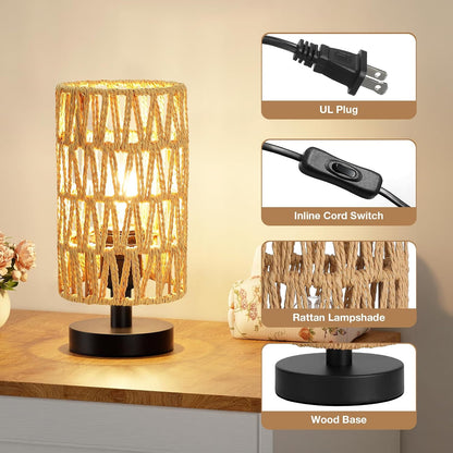 Fenmzee Small Table Lamp for Bedroom - Inline Control, Bedside Lamp with 3000K A15 LED Blub, Easy Assembly (Cream Shade - Wood Base, 9" Inline Control)