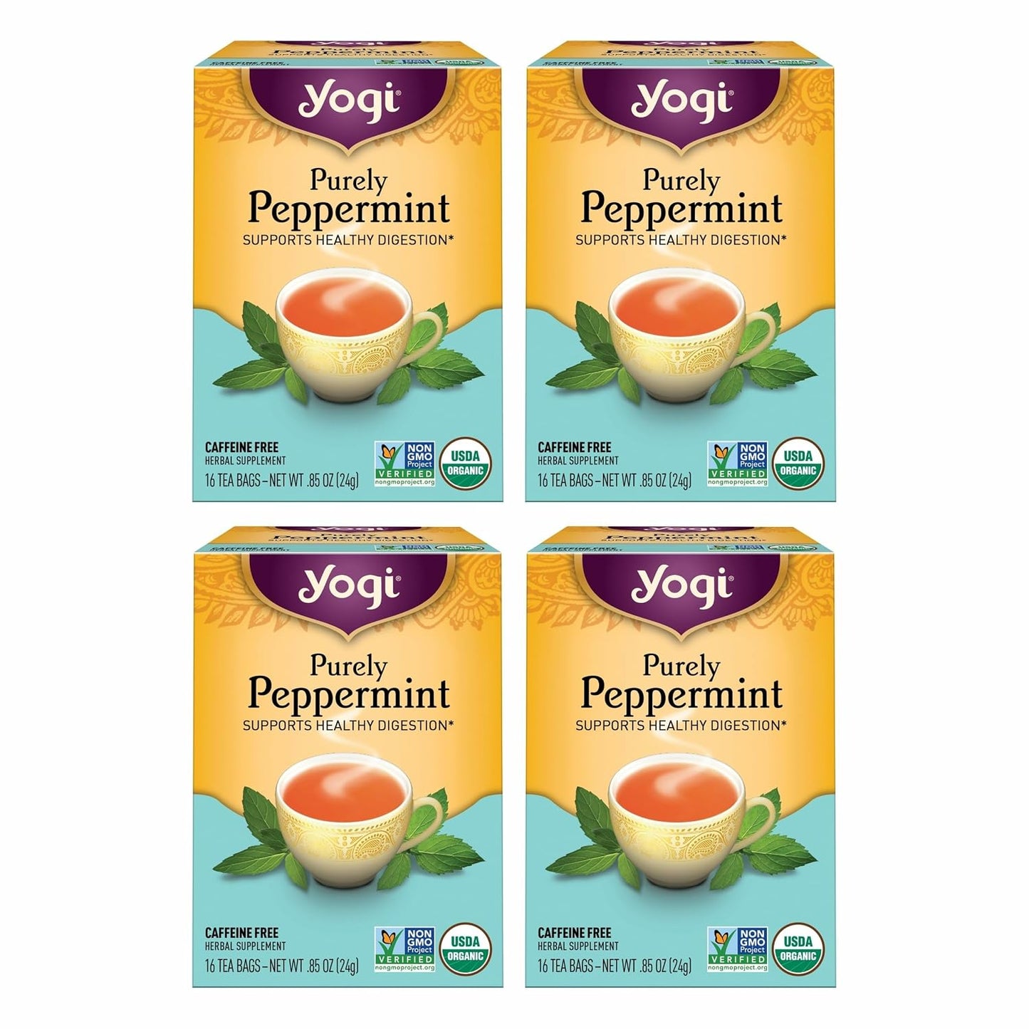 Yogi Tea Purely Peppermint - 16 Bags per Pack (4 Packs) - Caffeine-Free, Organic Peppermint Tea Bags - Offers Digestive Support - Made from Organic Peppermint Leaves