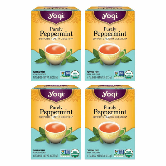 Yogi Tea Purely Peppermint - 16 Bags per Pack (4 Packs) - Caffeine-Free, Organic Peppermint Tea Bags - Offers Digestive Support - Made from Organic Peppermint Leaves
