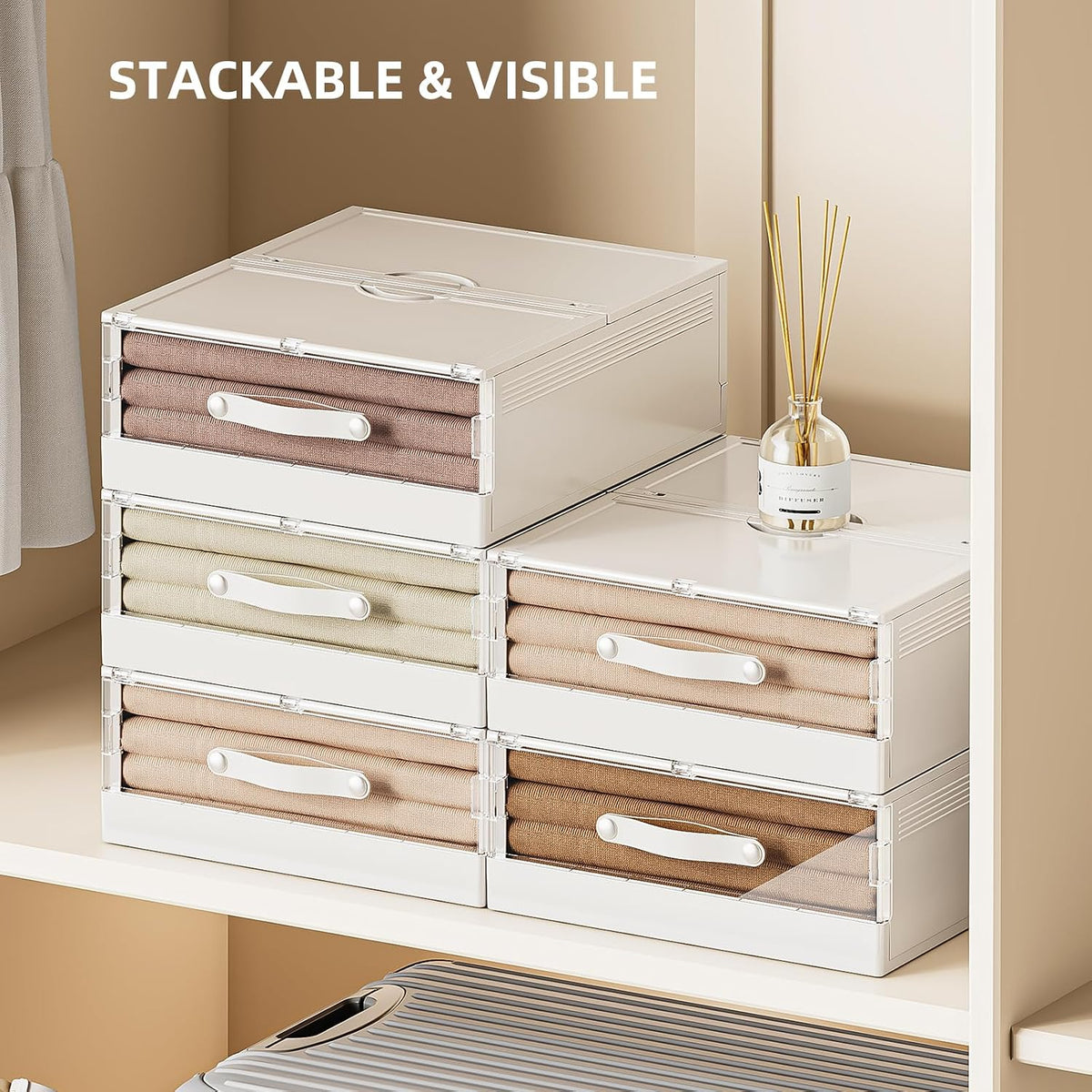 Plastic Bed Sheet Organizers and Storage 4 Pack Sheet Set Storage Organizer, Foldable Linen Closet Organizer with Window, Lockable Storage Bins for for Bedding Sheets, Duvet Covers, Blankets