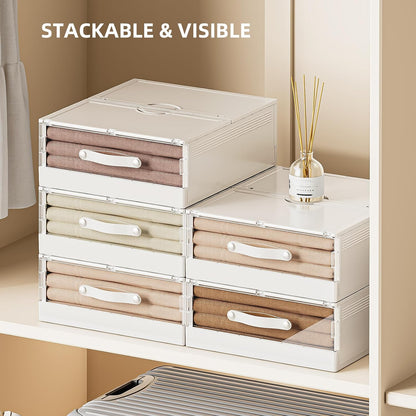 Plastic Bed Sheet Organizers and Storage 4 Pack Sheet Set Storage Organizer, Foldable Linen Closet Organizer with Window, Lockable Storage Bins for for Bedding Sheets, Duvet Covers, Blankets