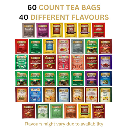 Twinings Tea Bag Sampler Variety with Walnut Wooden Organizer (60 Count) 40 Different Flavours, Gift for Tea Lovers: Women, Men, Mom, Dad, Family, Friends, Couples