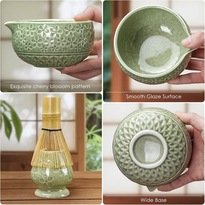 7Pcs Matcha Whisk Set, Matcha Set Whisk and Bowl,Bamboo Scoop, Scoop Rest, Sifter and Tea Towel, Matcha Kit W/Carved Cherry Blossm Pattern for Matcha Lovers (Sakura Pink)