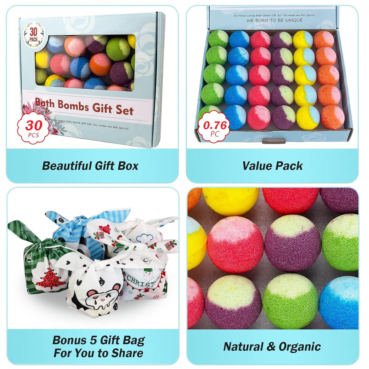60 Pack Bath Bombs Set, Christmas Stocking Stuffers, Birthday Gift Set for Women, Natural Organic Bath Bubble Bombs for Kids/Women/Men/Mom Individually Wrapped Handmade