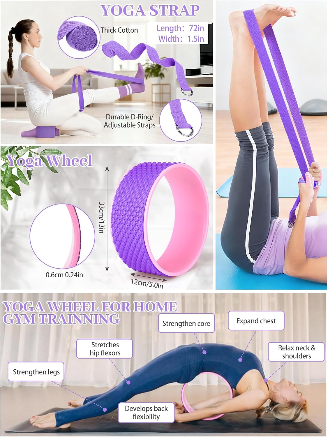 Gemscream 17 Pcs Yoga Essential Kit for Women, Pilates Equipment Starter Set for Beginners with Yoga Wheel Ball Blocks Strap Resistance Bands Wrist Rings Socks Towel & Carry Bag for Home Workouts