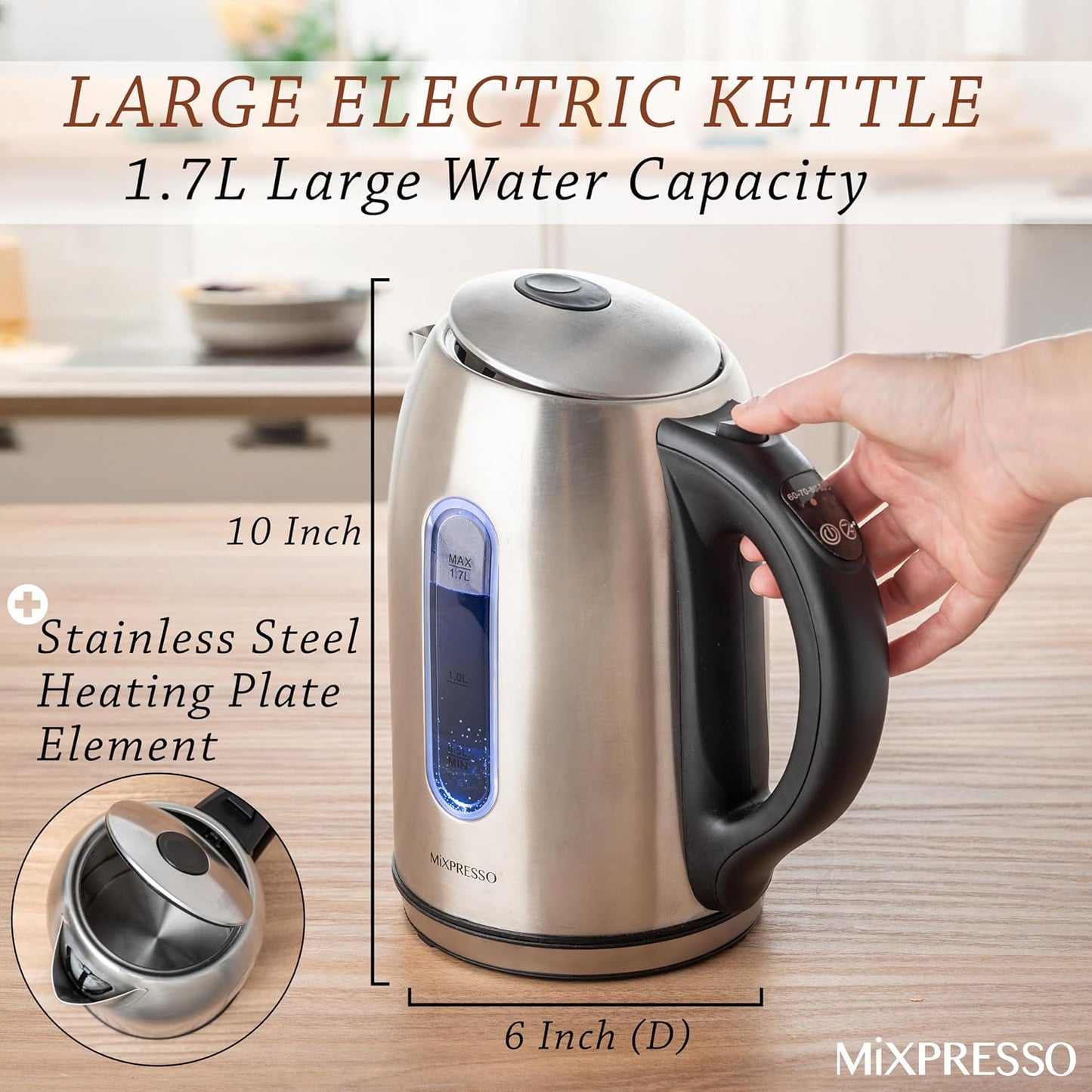 Mixpresso Electric Kettle Temperature Control, Hot Water Kettle Electric, Cordless 1 Liter Capacity, Keep Warm & LED Indicator, Auto-Shutoff, Boil-Dry Protection, Stainless Steel Electric Kettle
