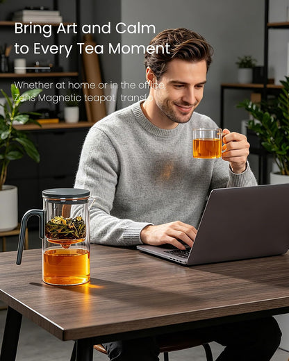 ZENS Magnetic Tea Pot, Enchanted Glass Teapot with Infuser and Magnetic Suction Lid for Mess-Free Loose Tea Diffusers, Walnut Wood Handle, Tea Lovers Gifts
