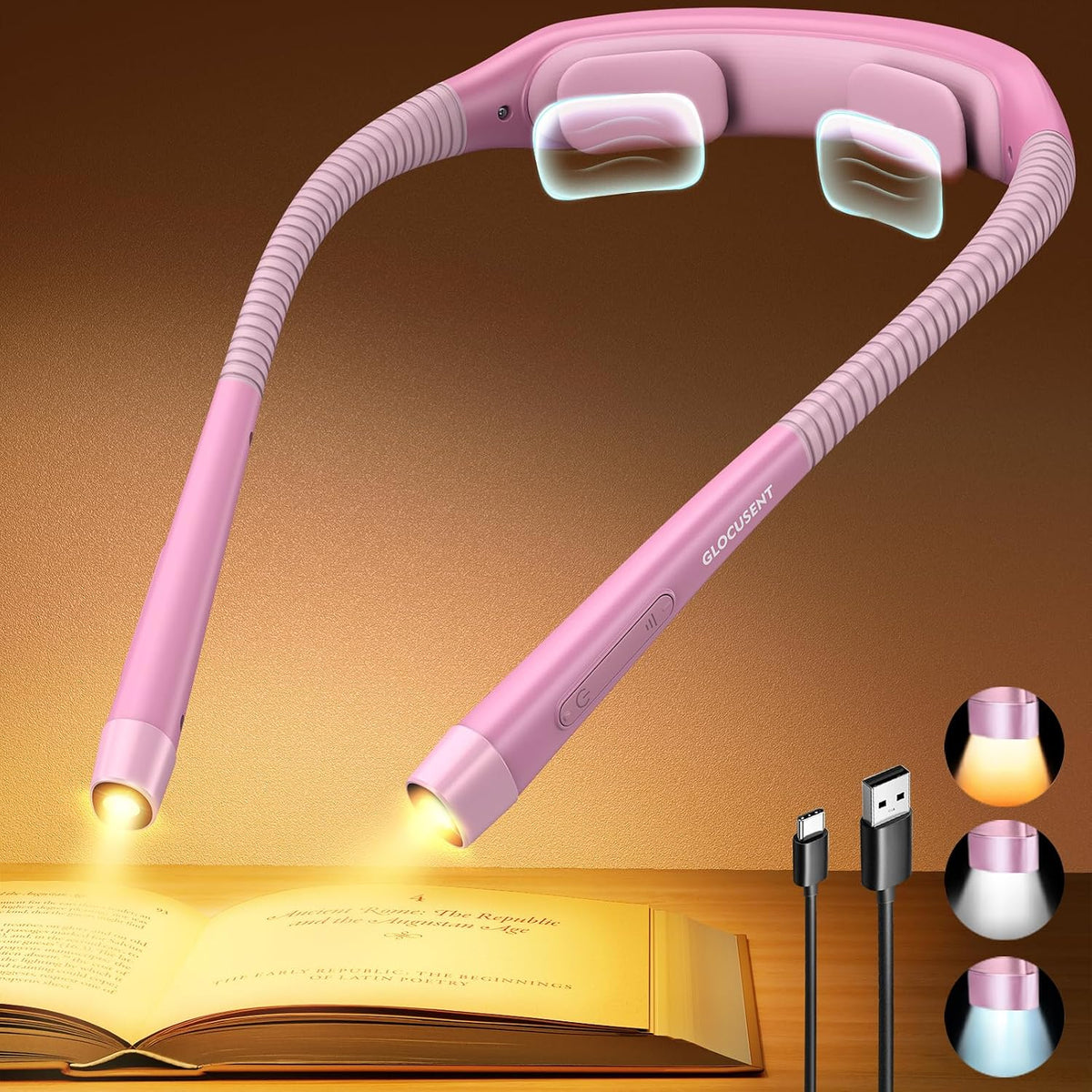 Glocusent Neck Light with Timer, 100 Hours Book Light for Bedtime Reading