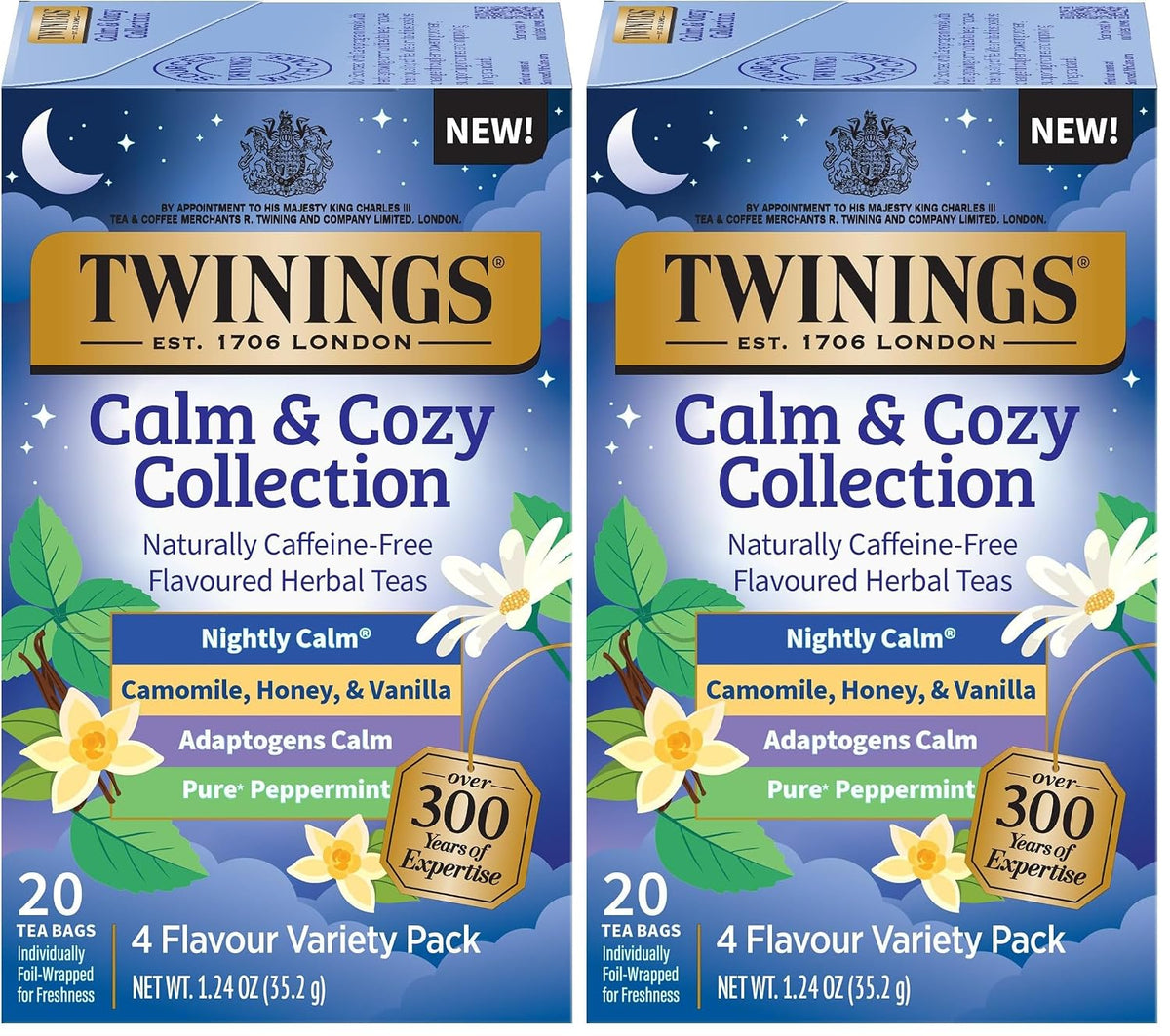 Twinings Calm & Cozy Bedtime Herbal Tea Variety, 20 Count, Pack of 2