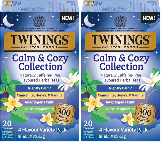 Twinings Calm & Cozy Bedtime Herbal Tea Variety, 20 Count, Pack of 2