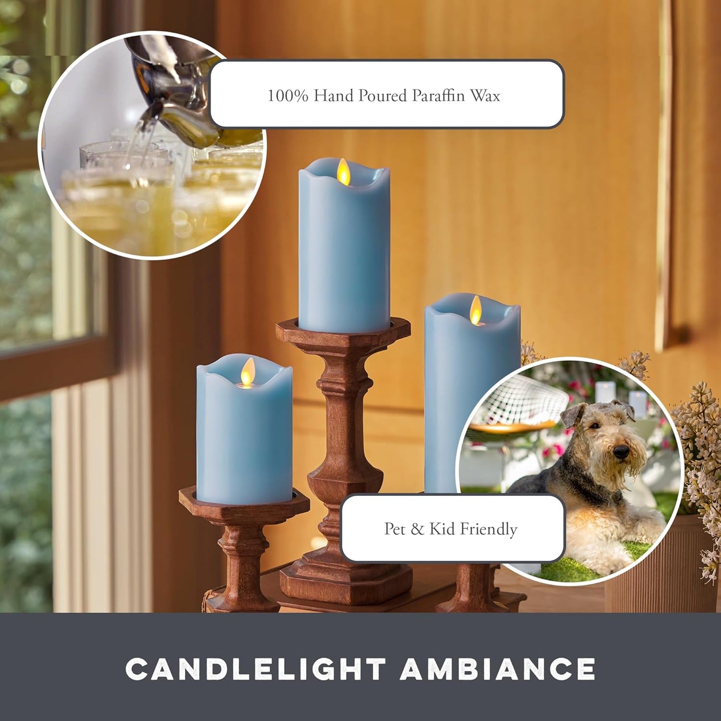 Matchless Candle Co. by Luminara Set of 3 Flameless LED Pillar Candles, Real Wax, Moving Flame (3x4.5, 3x5.5, 3x6.5 Inch, Unscented)