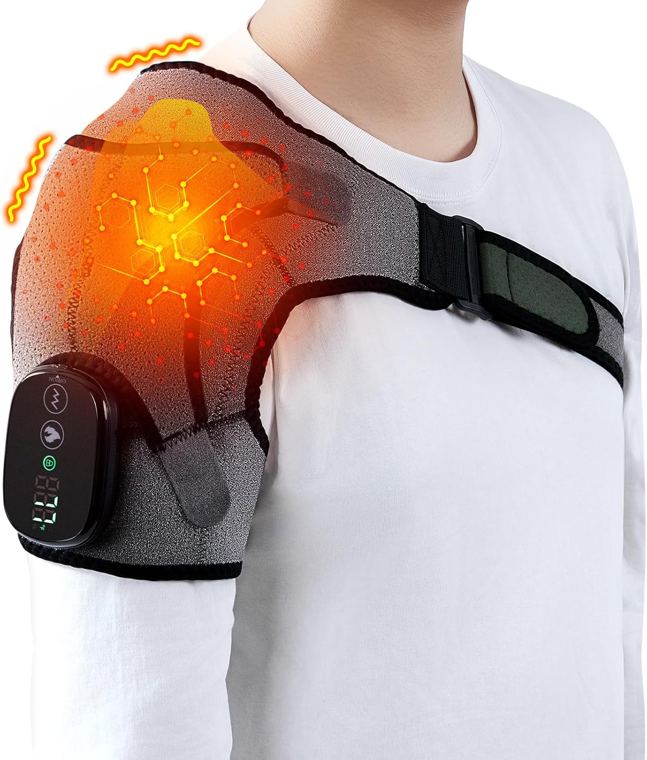 Cordless Shoulder Heating Pad & Massager, Electric Heated Shoulder Brace Wrap, Heating Pads for Rotator Cuff and Frozen Pain Relief,5000mAh Chargeable Powered, Men & Women(Black)