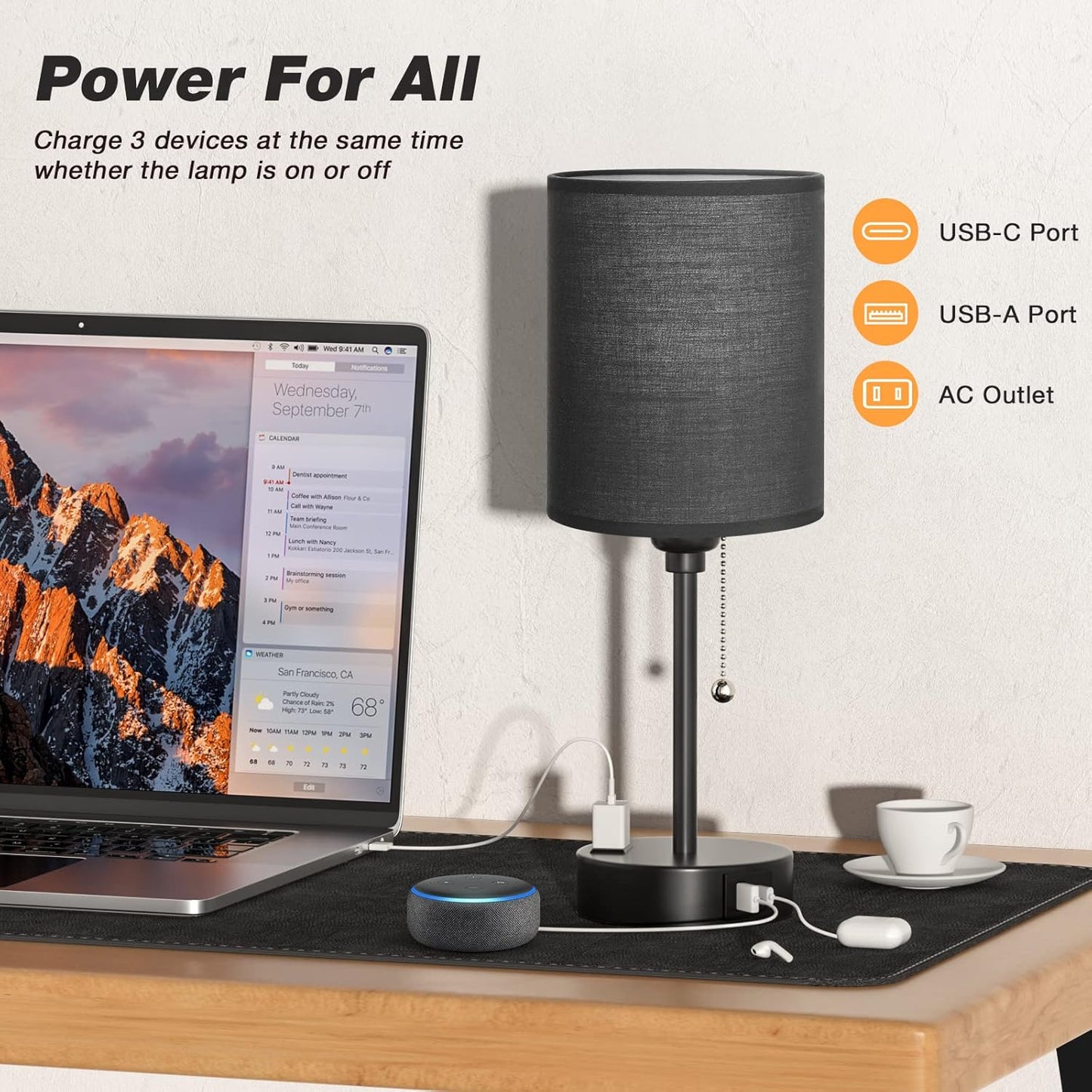 Small Bedside Table lamp for Bedroom - 3 Color Temperatures Bedside Lamps with USB C and A Ports, Pull Chain Table Lamps with AC Outlet, White Nightstand Lamps with Black Metal Base for Kids Reading