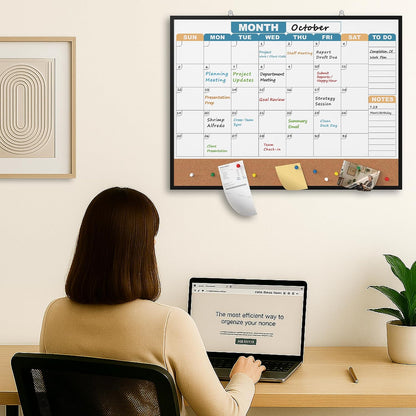 Monthly Calendar Dry Erase Board 16x12 Inch, Double-Sided Whiteboard and Corkboard Combo, Wall Mounted Planner Organizer with Markers, Magnets, Push Pins, Eraser, for Home Office School