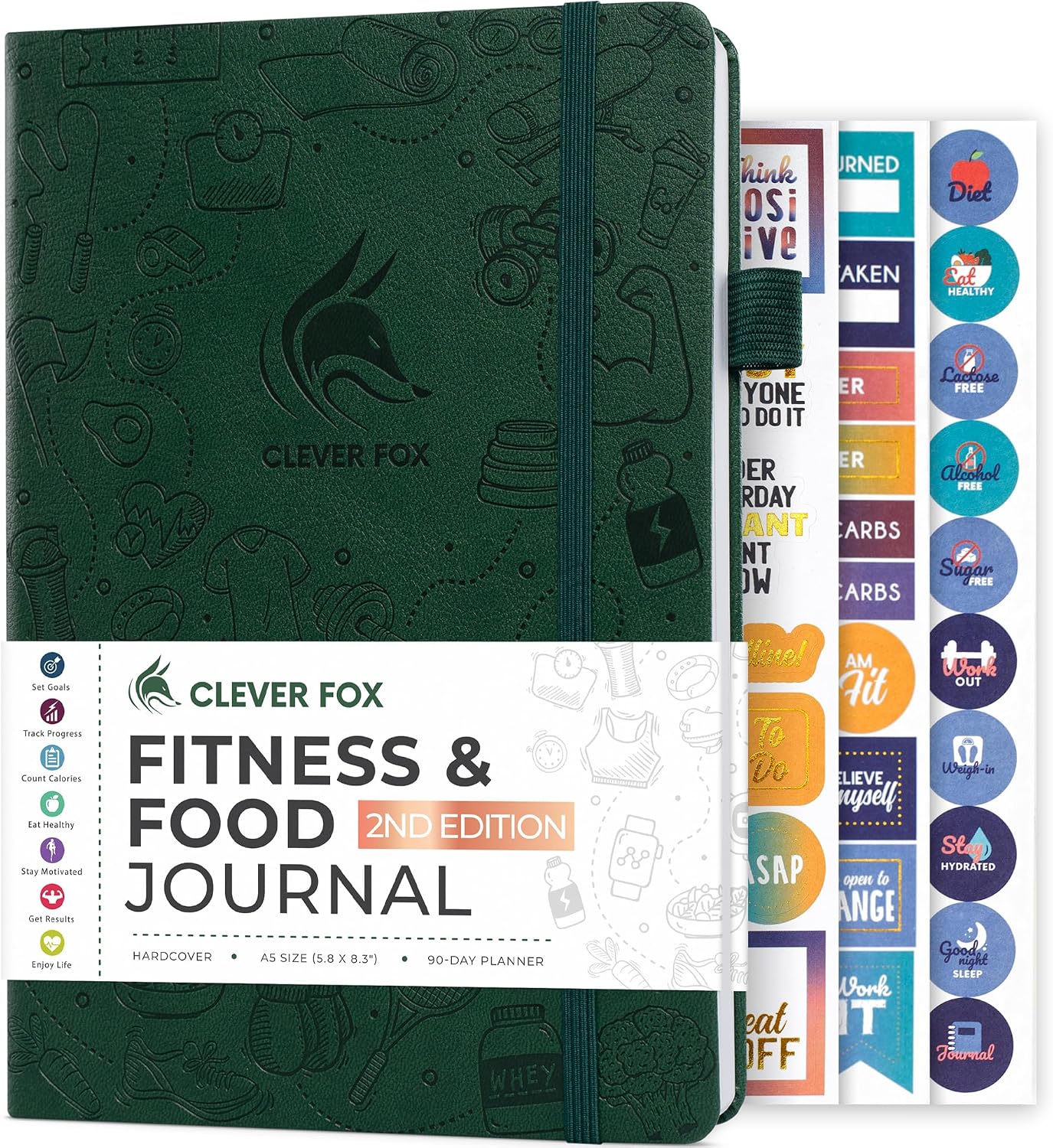 Clever Fox Fitness & Food Journal – Nutrition & Workout Planner for Women & Men – Diet & Gym Exercise Log Book with Calendars, Diet & Training Trackers - Undated, A5 Size, Hardcover (Forest Green)