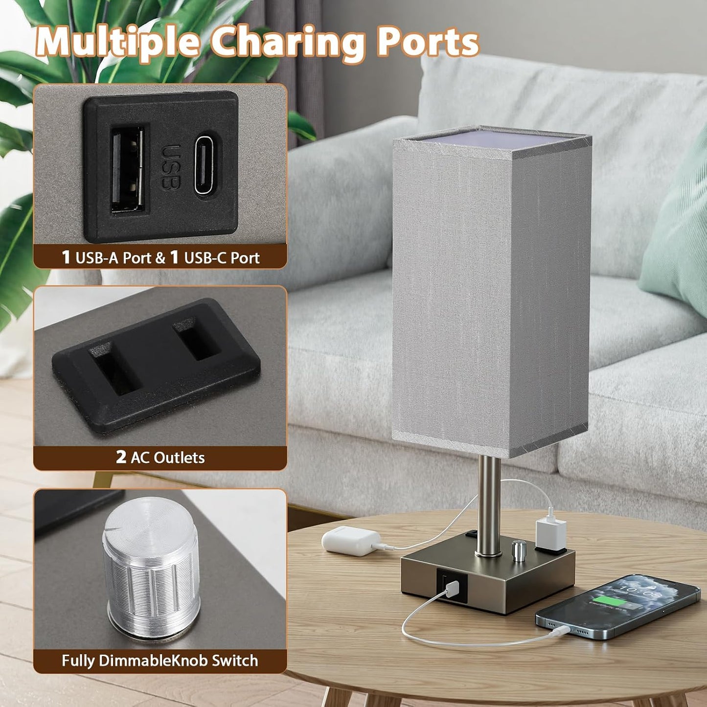 Bedside Table Lamps Set of 2 for Bedroom - Dimmable, USB C+A, 2 AC Outlets