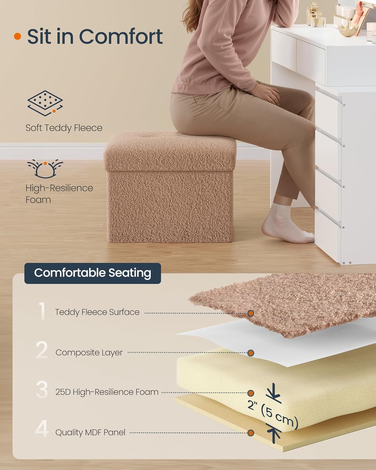 SONGMICS Small Folding Storage Ottoman, Foot Rest Stool, Cube Footrest, Synthetic Leather, 12.2 x 16.1 x 12.2 Inches, 286 lb Capacity, for Living Room, Bedroom, Dorm, Ink Black ULSF100B01