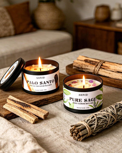 AOOVOO Sage Candle for Cleansing - 3 Wick 12oz Large Scented Candle with Crystals & Sage Leaves Inside, Soy Candles Non Toxic for Meditation Spiritual Gift, Aromatherapy Candle for Women Men