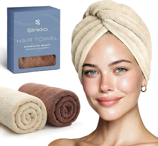 Microfiber Hair Towel Wrap for Women – Ultra Absorbent Quick Dry Turban | Button & Loop Design | Soft Lightweight Fabric | Reduces Frizz & Breakage | All Hair Types | Pink & Beige