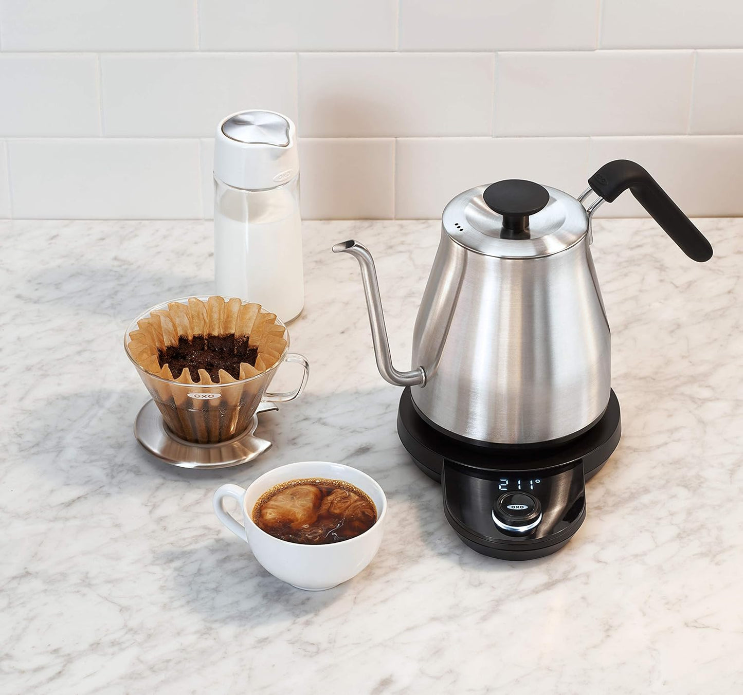 OXO Brew Adjustable Temperature Pour Over Kettle, 1 L, Gooseneck Electric Kettle, Stainless Steel with Timer