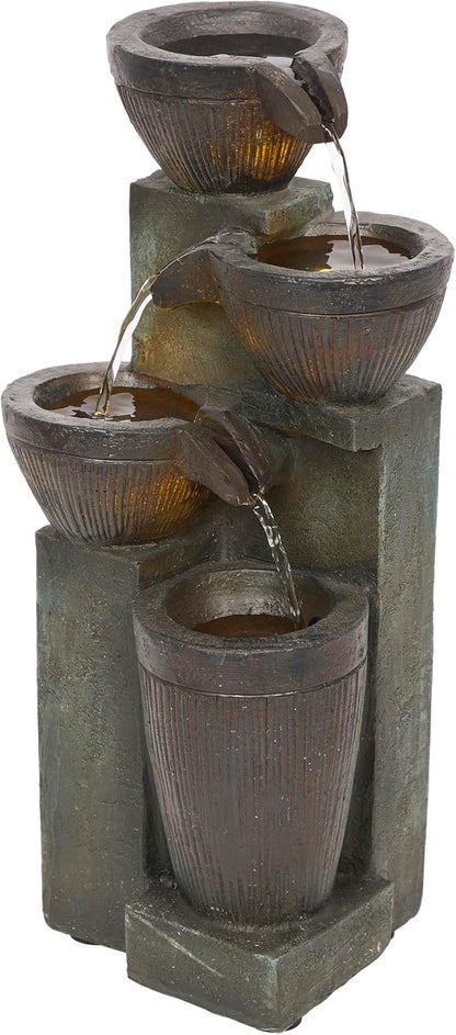 Alpine Corporatio 14" Tall Stoned Jar Cascading Water Fountain with LED Lights, Elegant Tabletop Water Feature for Home, Office, Living Room, and Bedroom Decor, Gray