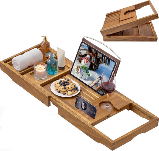 Artmalle Luxury Bathtub Caddy Tray for Tub - Foldable Bamboo Bath Table Tray with Book and Wine Glass Holder, Expandable Bathroom Accessories for Spa or Reading Lite Style