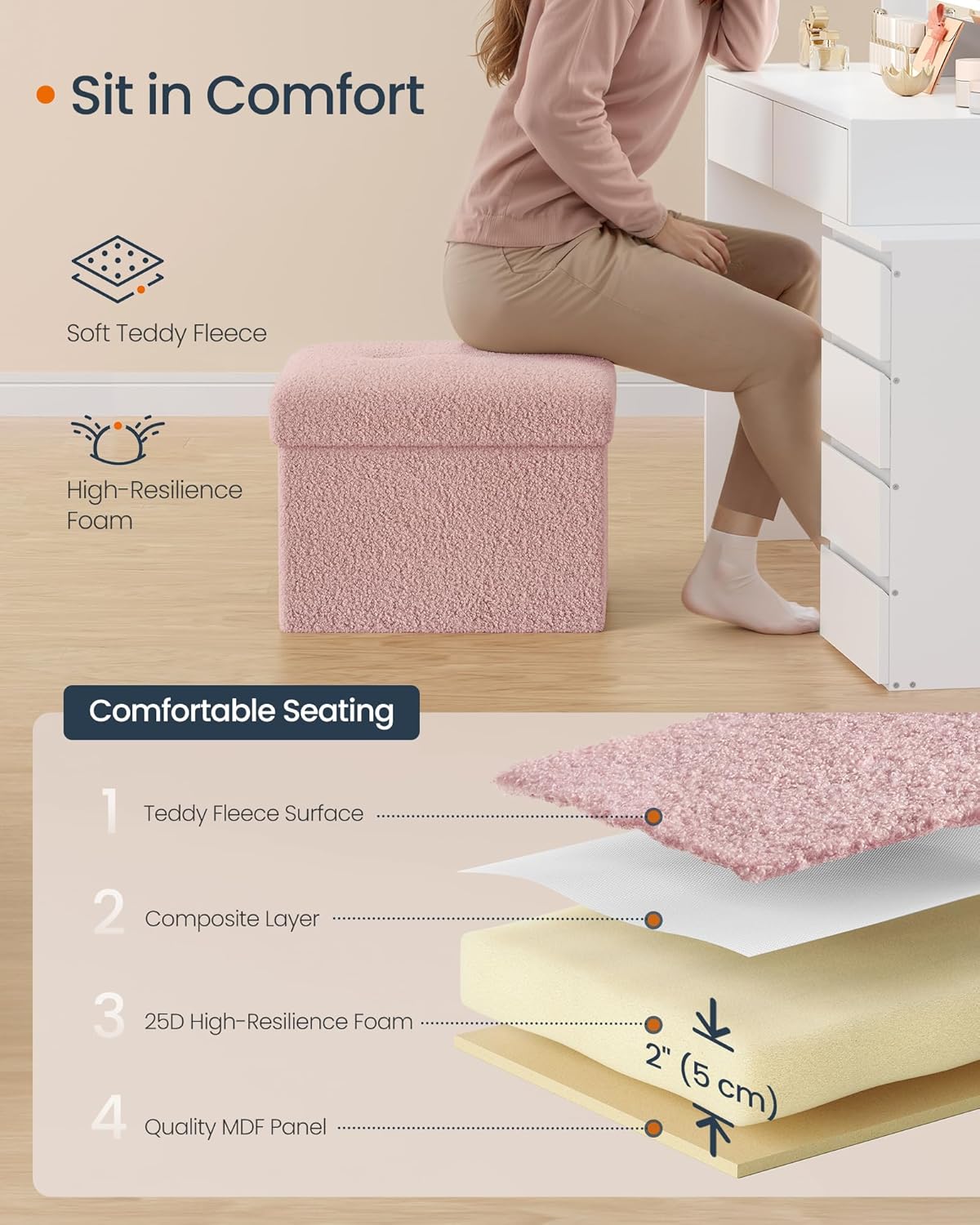 SONGMICS Small Folding Storage Ottoman, Foot Rest Stool, Cube Footrest, Synthetic Leather, 12.2 x 16.1 x 12.2 Inches, 286 lb Capacity, for Living Room, Bedroom, Dorm, Ink Black ULSF100B01