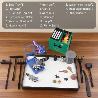 2026 New Dumpster Fire Zen Garden Desktop Kit with Raccoon Figurines - Funny Office Desk Accessory for Stress Relief, White Elephant Gifts, Coworker Gifts - Mini Sand Tray Therapy